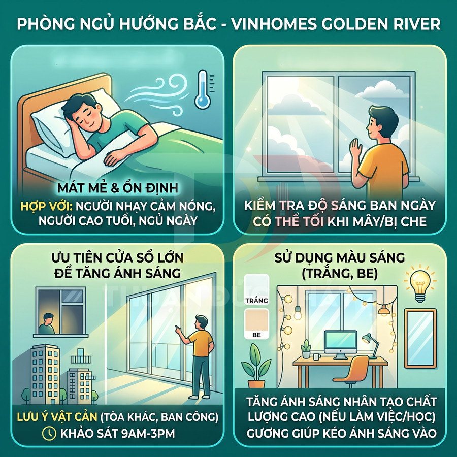 Infographic mẹo thiết kế phòng ngủ hướng Bắc tại Vinhomes Golden River với cửa sổ lớn, màu sáng và tăng ánh sáng tự nhiên